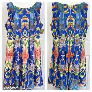 NWT Melonie T Colorful Print Scuba Knit Pleated Fit & Flare Dress 20W